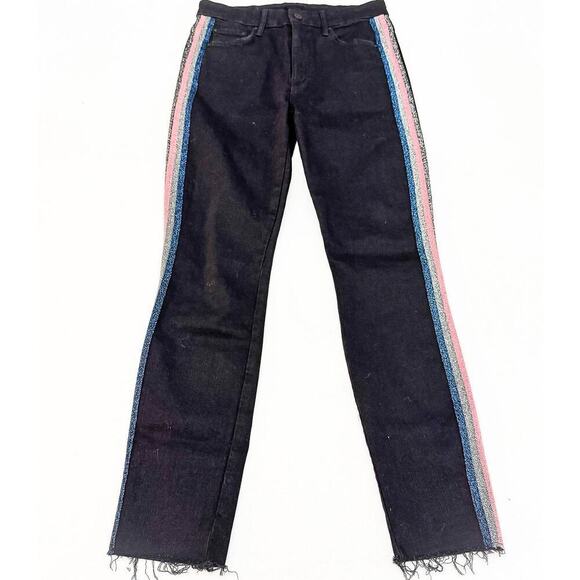 Mother High Waisted Looker Ankle Fray Guilty Glitter Race Black Denim Jeans SZ27 - Picture 2 of 10